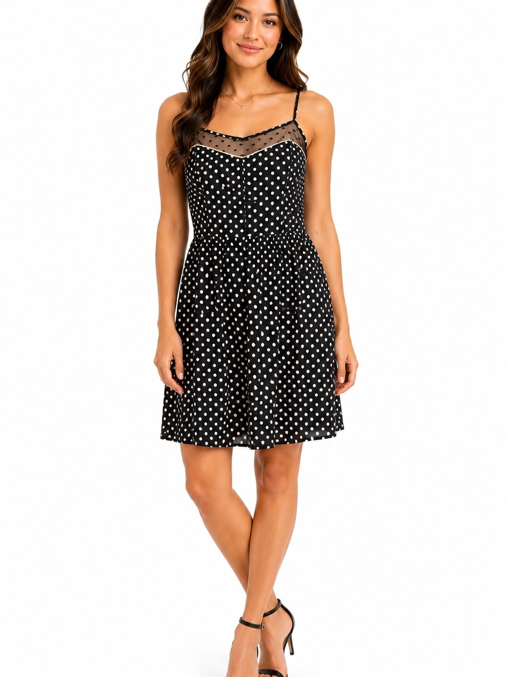 Xhilaration Black & White Polka Dot Mesh Yoke Slip Dress